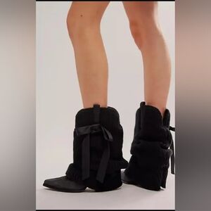 Black Ballet Ankle Boots with Satin Ribbon Bow Detail